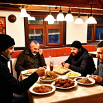**Prompt:** A bustling Serbian "esnaf lokantası" (tradesman's restaurant) filled with locals enjoying hearty meals like "cevapi" and "pljeskavica." Focus on the atmosphere of affordable, traditional food and the close-knit community vibe. Warm, inviting lighting.