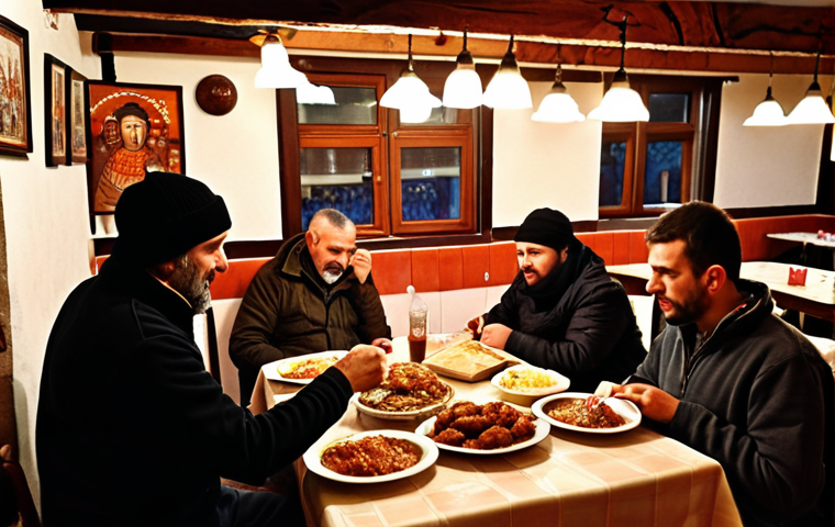 **Prompt:** A bustling Serbian "esnaf lokantası" (tradesman's restaurant) filled with locals enjoying hearty meals like "cevapi" and "pljeskavica." Focus on the atmosphere of affordable, traditional food and the close-knit community vibe. Warm, inviting lighting.