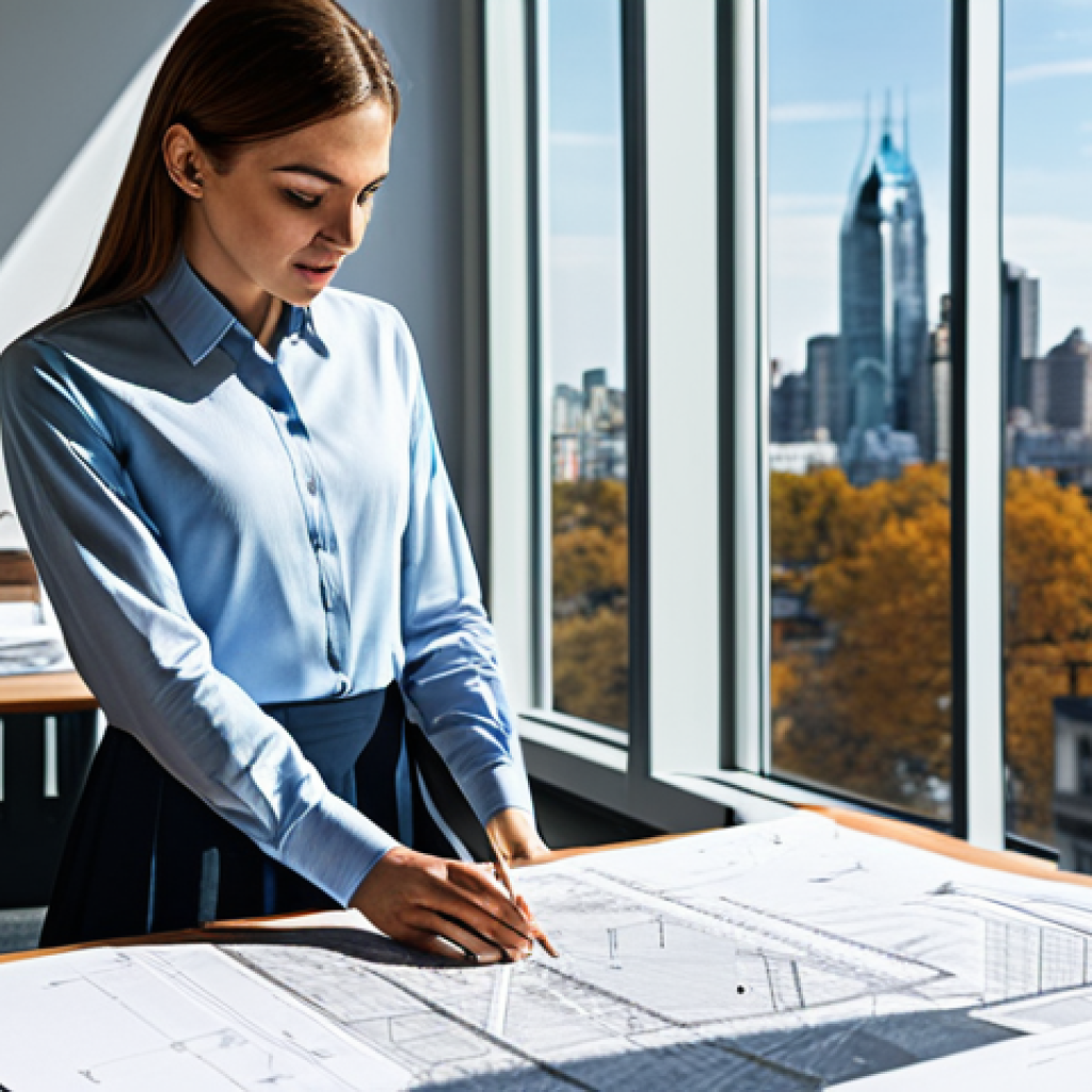 **Prompt:** A professional architect in a modern, sunlit office, reviewing blueprints. She is wearing a modest business casual outfit (skirt and blouse). Background includes architectural models and cityscape view through a large window. Perfect anatomy, correct proportions, well-formed hands, proper finger count, natural pose, fully clothed, appropriate attire, safe for work, professional.