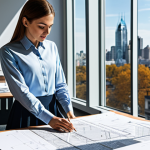 **Prompt:** A professional architect in a modern, sunlit office, reviewing blueprints. She is wearing a modest business casual outfit (skirt and blouse). Background includes architectural models and cityscape view through a large window. Perfect anatomy, correct proportions, well-formed hands, proper finger count, natural pose, fully clothed, appropriate attire, safe for work, professional.