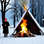 Badnjak Ceremony**

"A family gathered around a bonfire in a snow-covered Serbian village on Christmas Eve. People are wearing warm, traditional clothing, fully clothed. A decorated oak branch (Badnjak) is being placed into the fire. Church in the background. Safe for work, appropriate content, family-friendly, professional photography, perfect anatomy, correct proportions, natural pose."

**