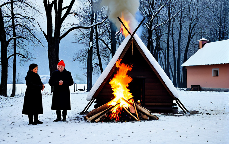 Badnjak Ceremony**

"A family gathered around a bonfire in a snow-covered Serbian village on Christmas Eve. People are wearing warm, traditional clothing, fully clothed. A decorated oak branch (Badnjak) is being placed into the fire. Church in the background. Safe for work, appropriate content, family-friendly, professional photography, perfect anatomy, correct proportions, natural pose."

**